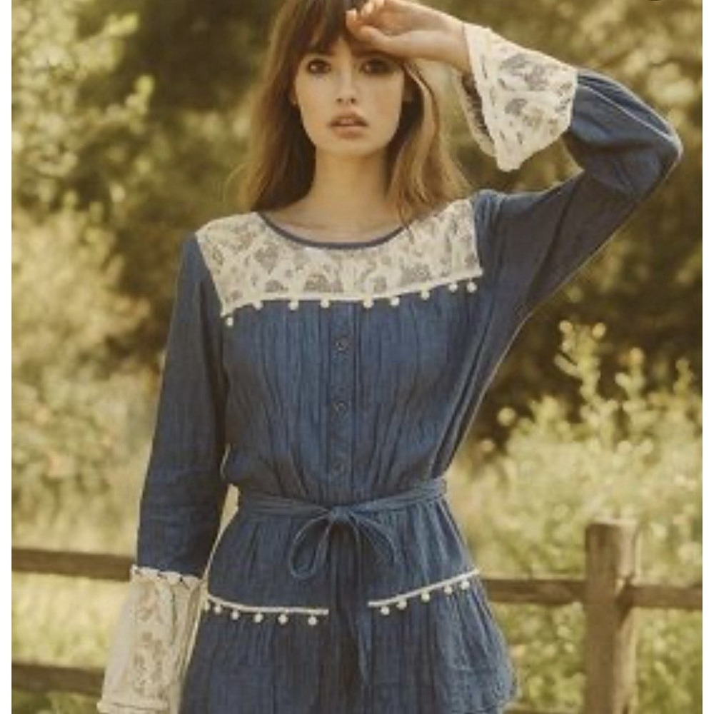 Ryu Blue Pintuck Tunic Coat Dress Lace Trim Large Belted Square Yoke Neckline